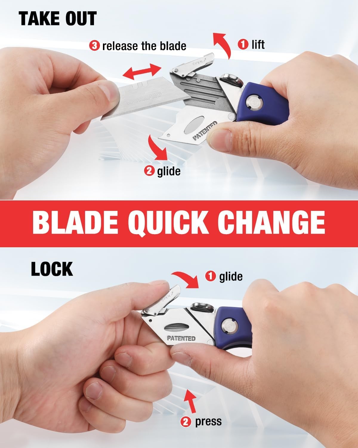 WORKPRO Folding Utility Knife Quick-Change Box Cutter 5PCS Extra Blade in Handle