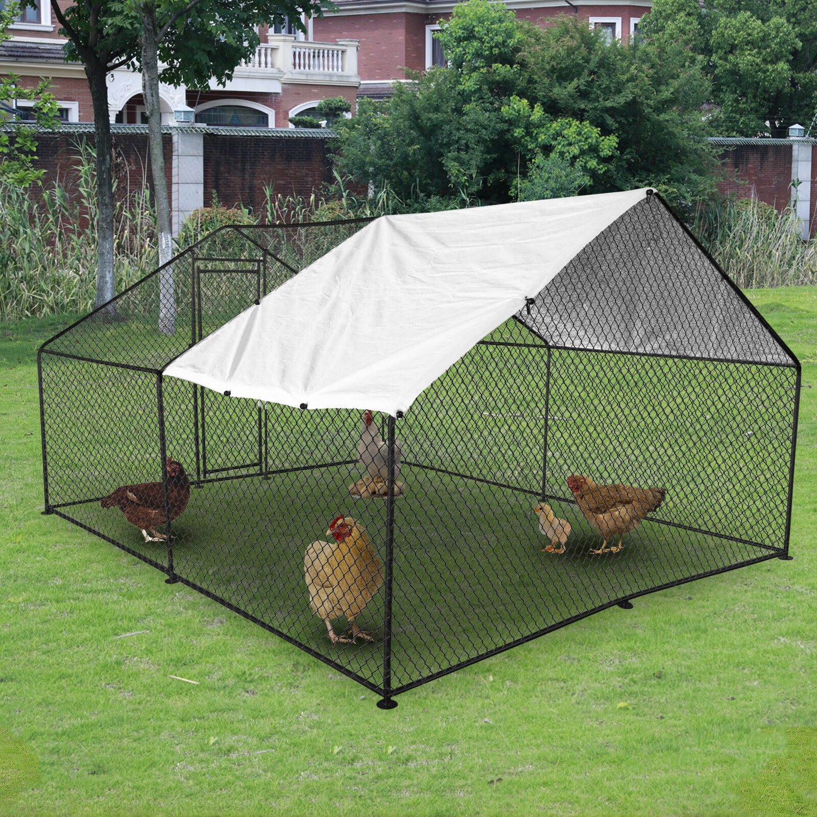 10x10x6.6 ft Large Metal Chicken Coop Walk-In Chicken Run Peaked Roof Farm Yard