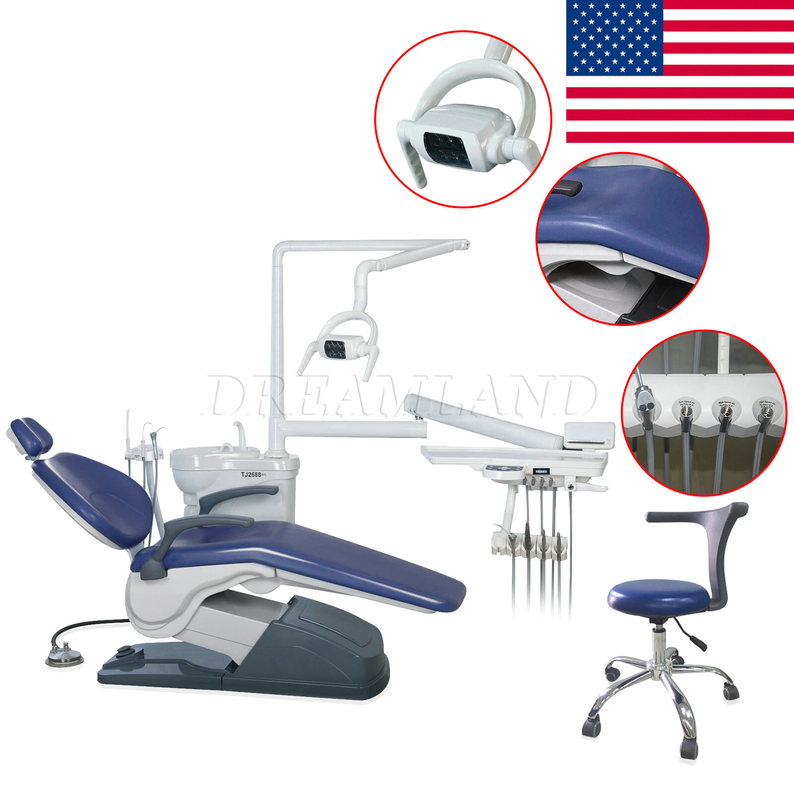 ADJUSTABLE MEDICAL DENTAL CHAIR WITH STOOL COMBINATION BLUE Hard Leather