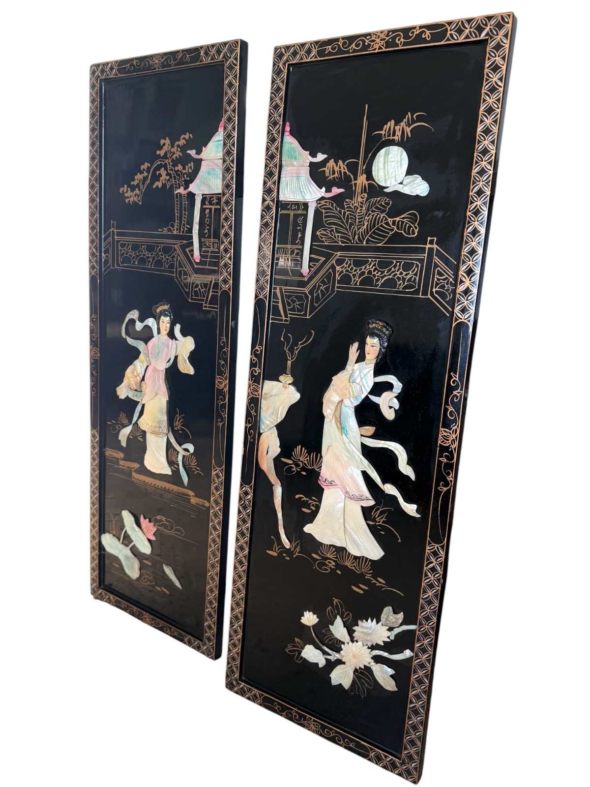 Vintage Chinese Black Lacquer Wall Panels 12x36 Mother of Pearl Inlay Set of 2