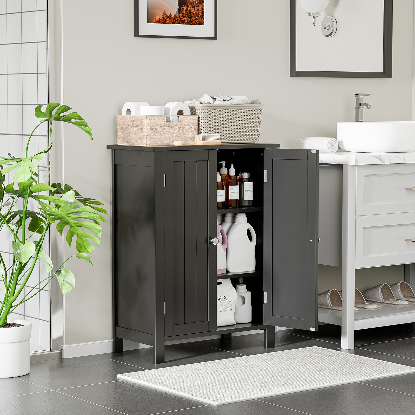 Bathroom Floor Storage Cabinet with Adjustable Shelf Double Door Organizer Black