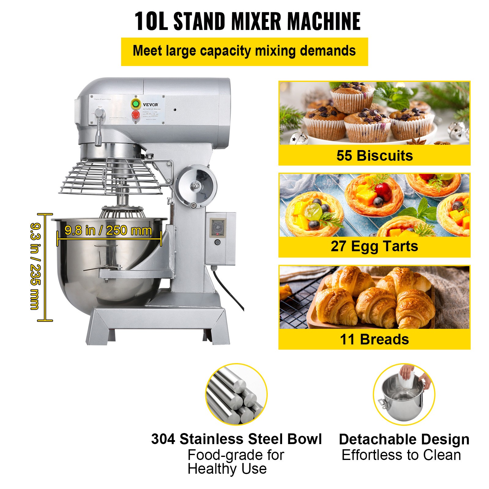 VEVOR Electric Food Stand Mixer Dough Mixer 3 in 1 10Qt Stainless Steel Bowl