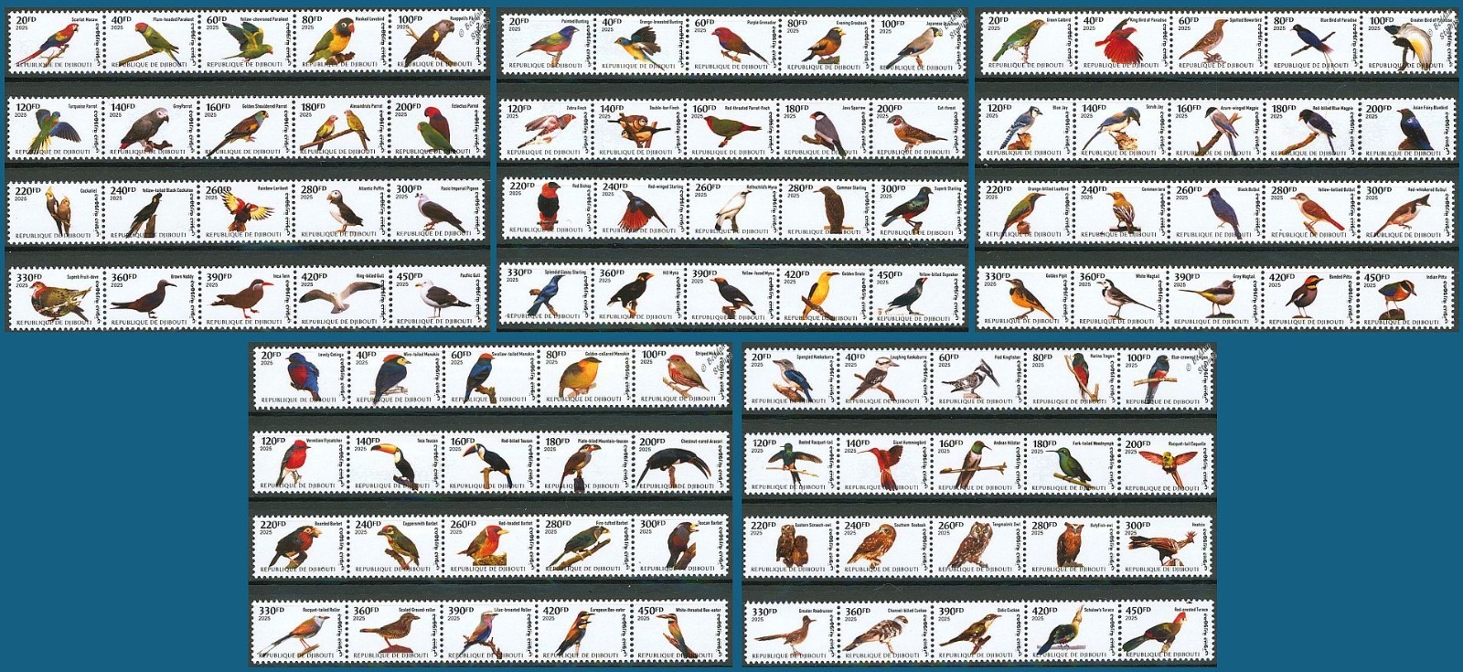 BIRDS OF THE WORLD Definitives Stamp Set #1-#5  100-Values MNH (2025 Djibouti)