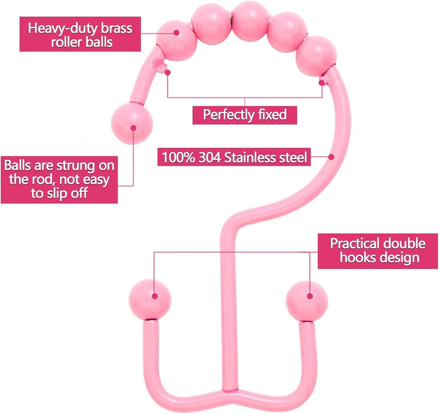 304 Stainless Steel Double Glide Shower Curtain Hooks Rustproof Rings Rainbow 12