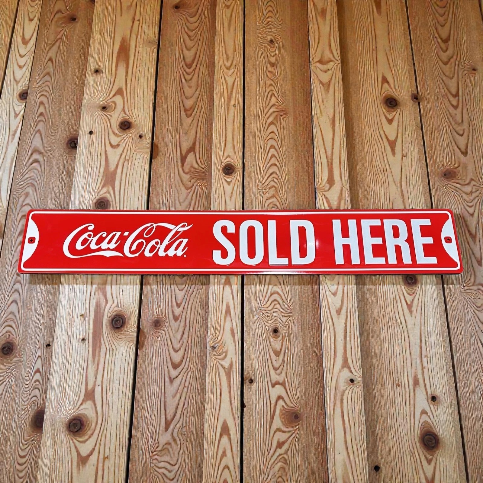 Coca-Cola Sold Here Street Sign Ande Rooney Embossed Metal Soda Sign (6” x 36”)