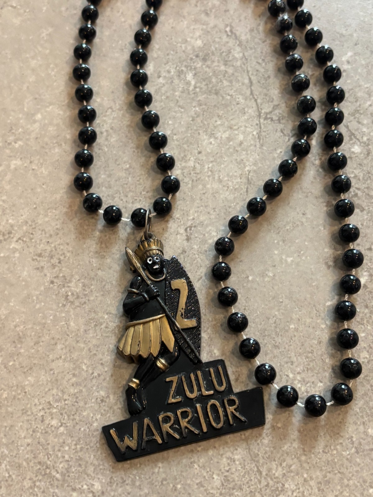 Vintage Zulu Warrior Beads Necklace, Mardi Gras New Orleans Black/Gold Pendant