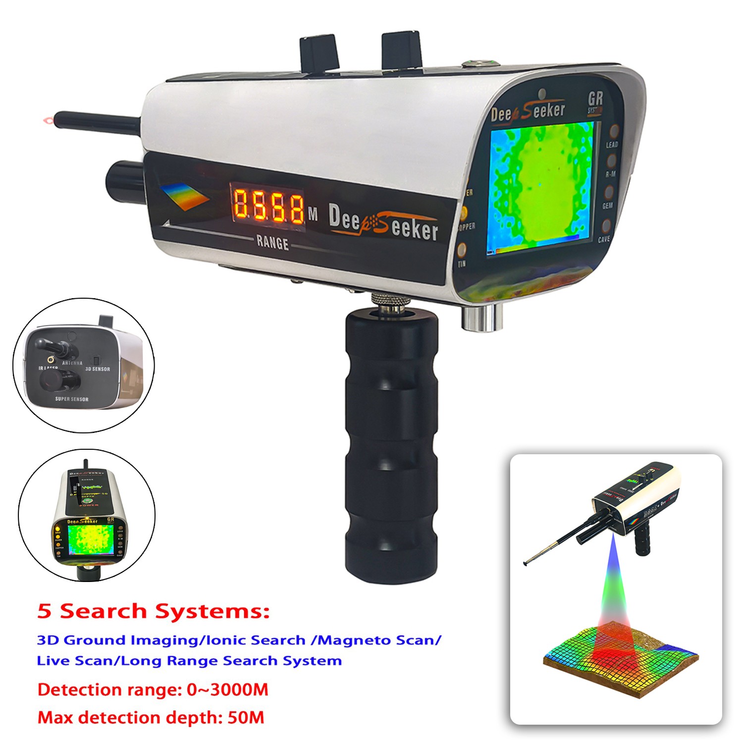 GR DeepSeeker Long Range 3D Laser Gold Metal Detector 5 Search Systems 3000M 50M