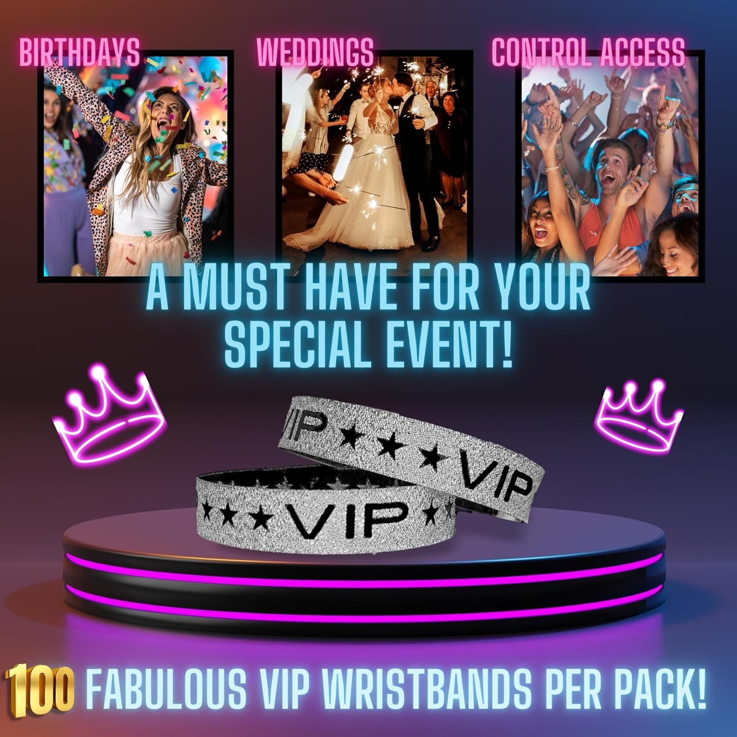 100 Pack Silver Sparkle VIP Party Wristbands with Secure Locking Clip. Must Have