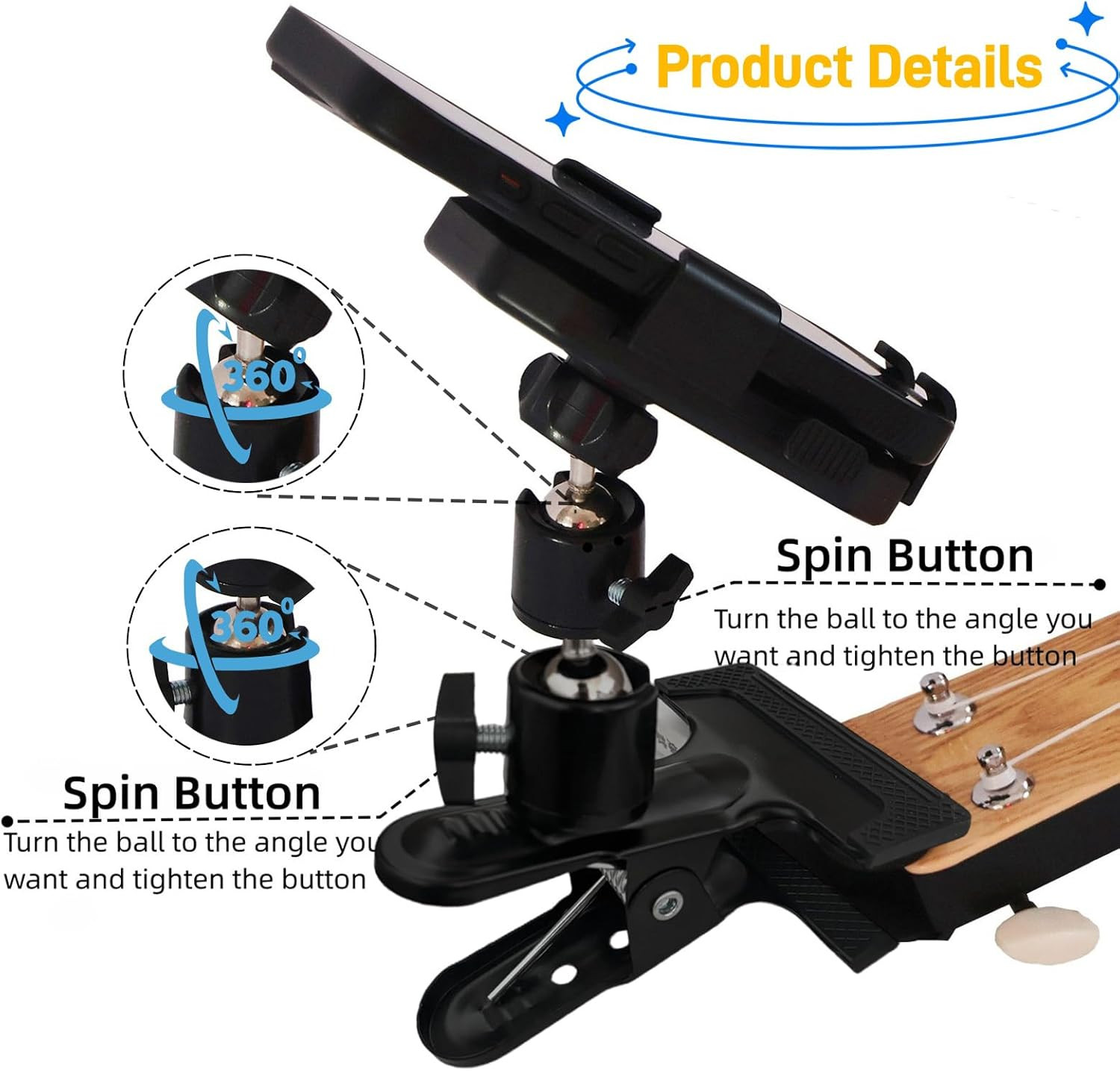Guitar Phone Holder Mount for Guitar Bass Ukulele, Adjustable and Rotatable Arm,