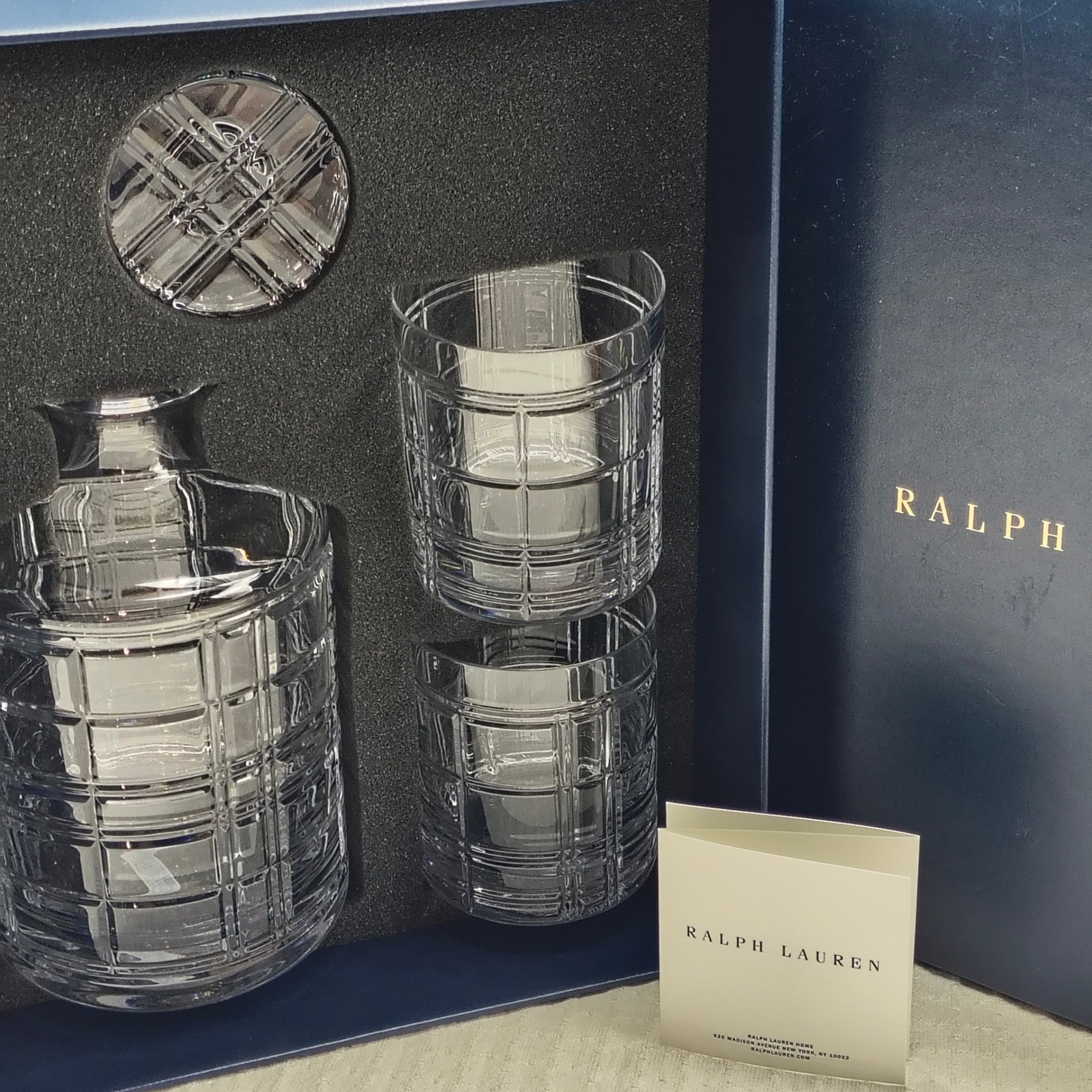 Ralph Lauren Hudson Plaid Crystal Decanter and 2 Glasses Gift Set
