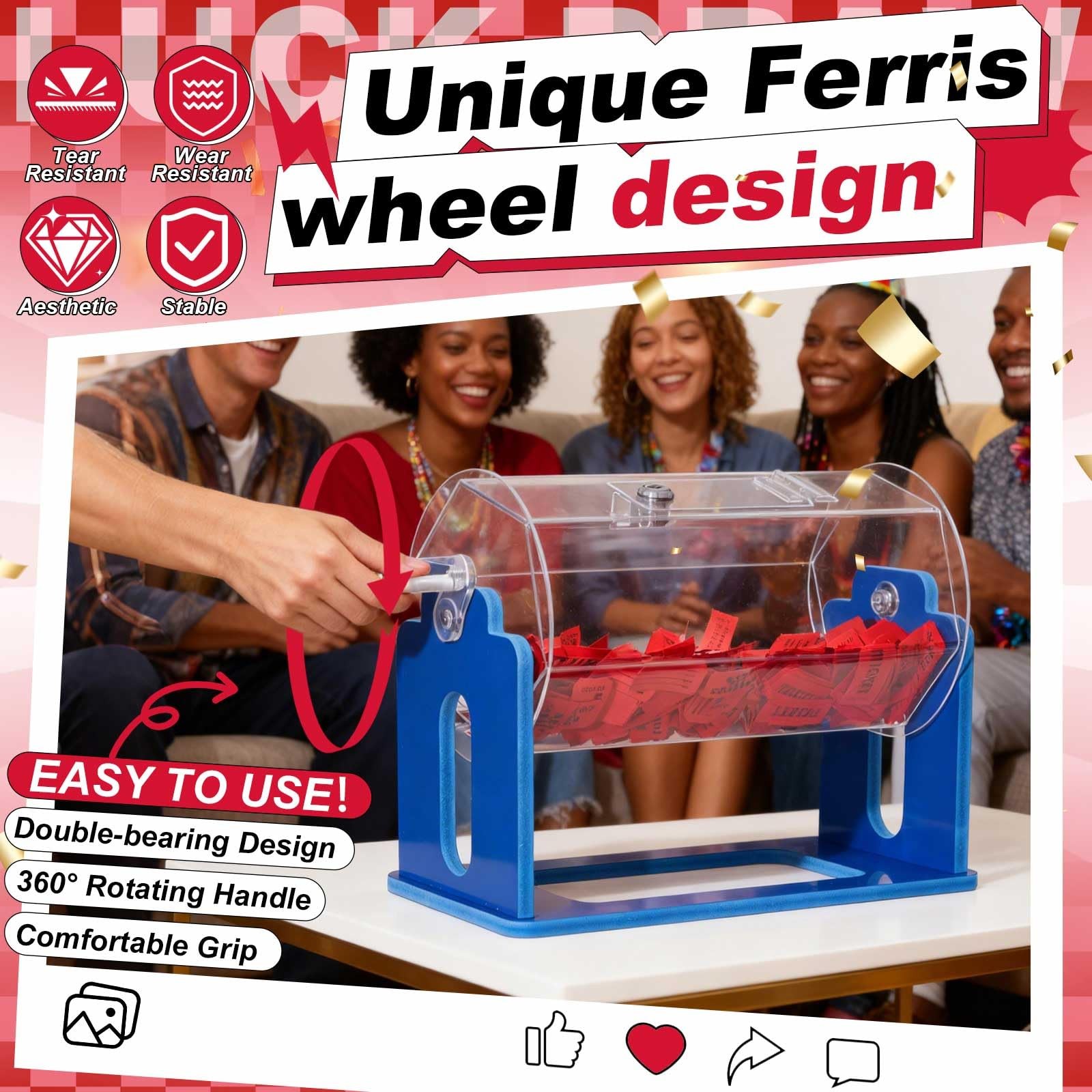 Acrylic Raffle Tickets Drum, 13 x 10.6 x 7 Inches Clear Raffle Tickets Box wi...