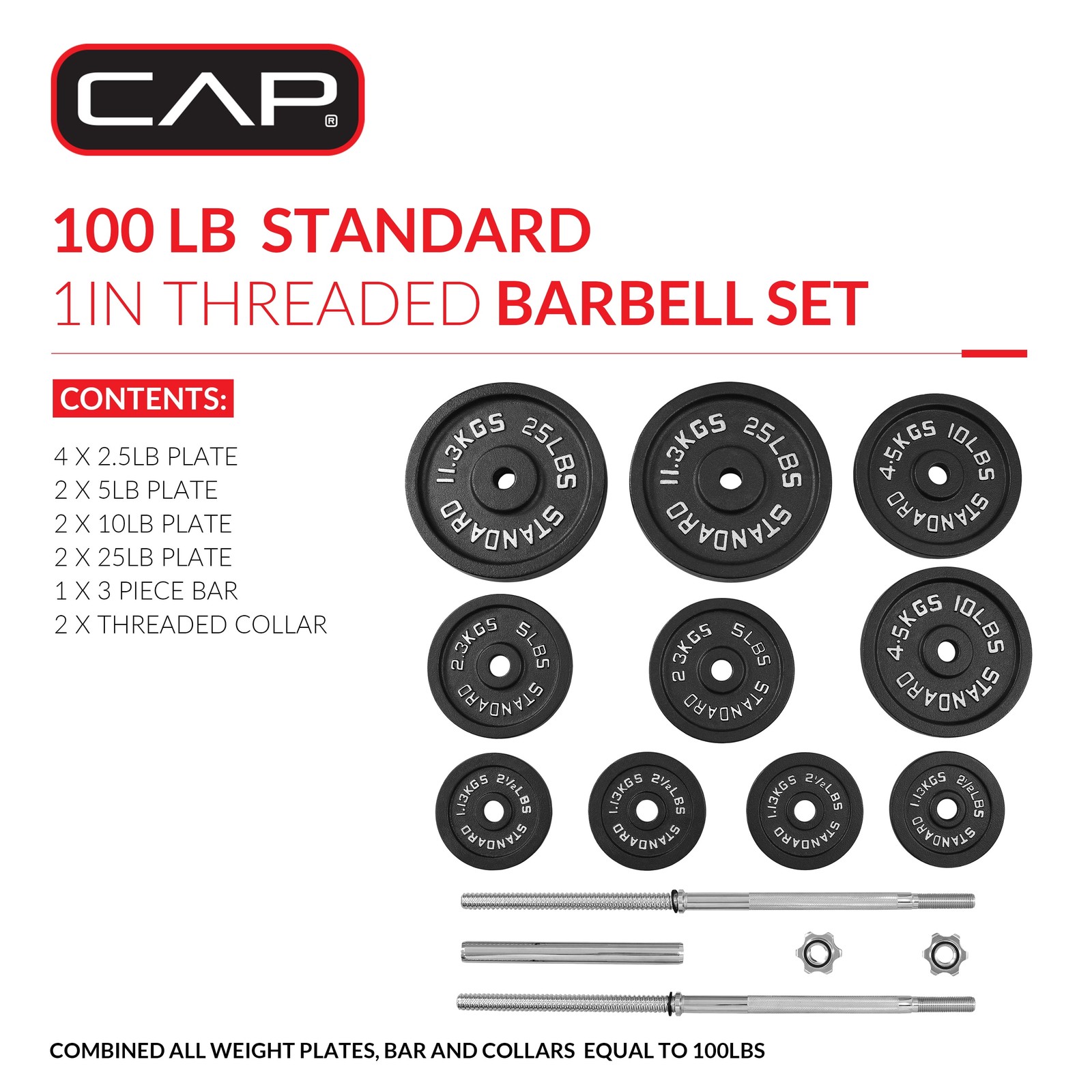 100Lb Standard Cast Iron Weight Set with 3-Pc Bar