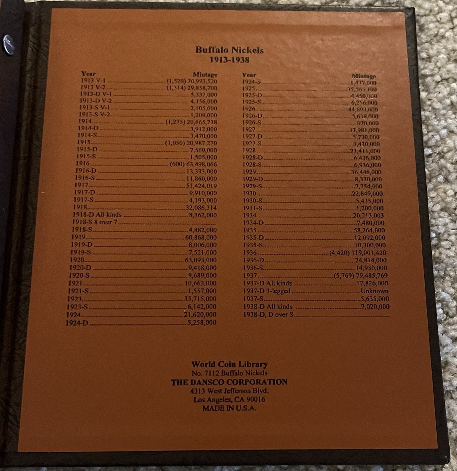 DANSCO COIN ALBUM #7112 BUFFALO NICKELS 1913-1938