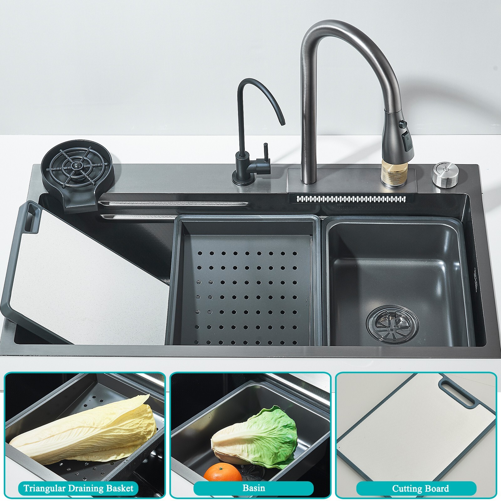 31.5" Flying Rain Stainless Steel Waterfall Kitchen Sink with Faucet Single Bowl