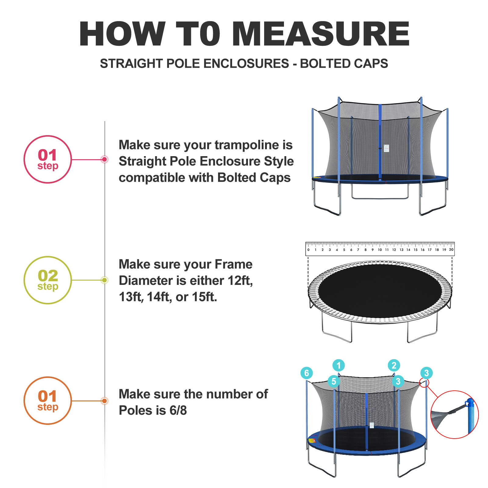 12 13 14 15ft Trampoline Safety Net Replacement Fit 4 6 8 Poles Round Enclosure
