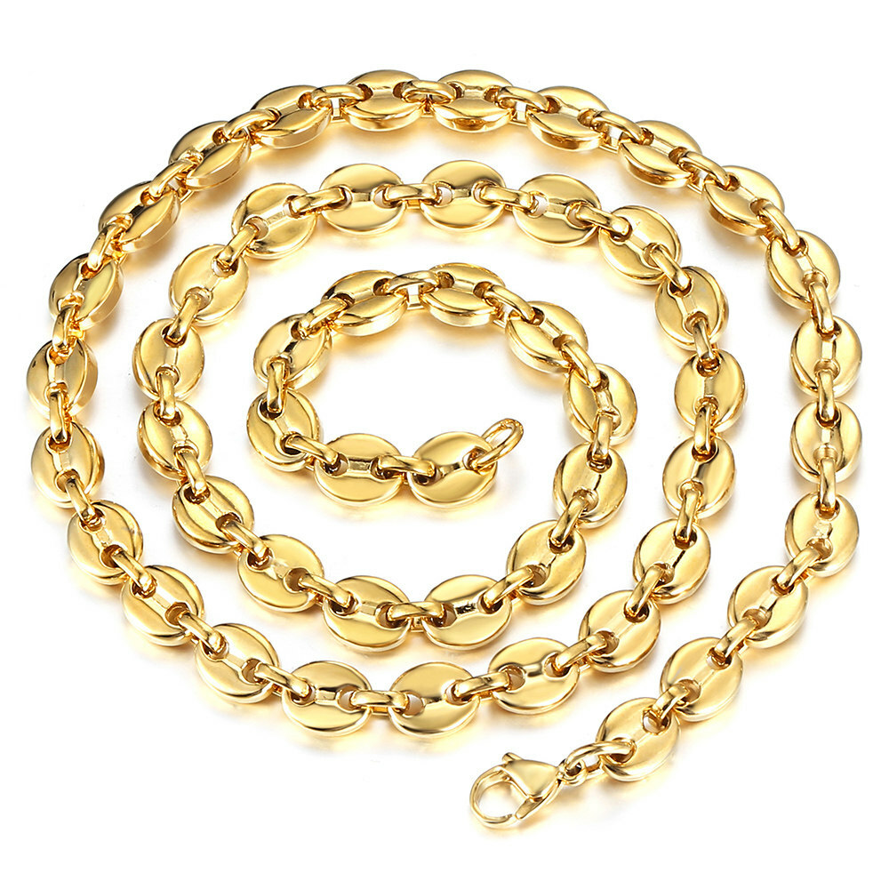 7/9/11mm Men Coffee Beans Marina Link Chain Necklace Gold Plated Stainless Steel