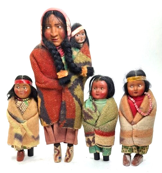 Skookum Bully Good Indian Native American Dolls ~ Lot of 4 Mom baby, 3 children