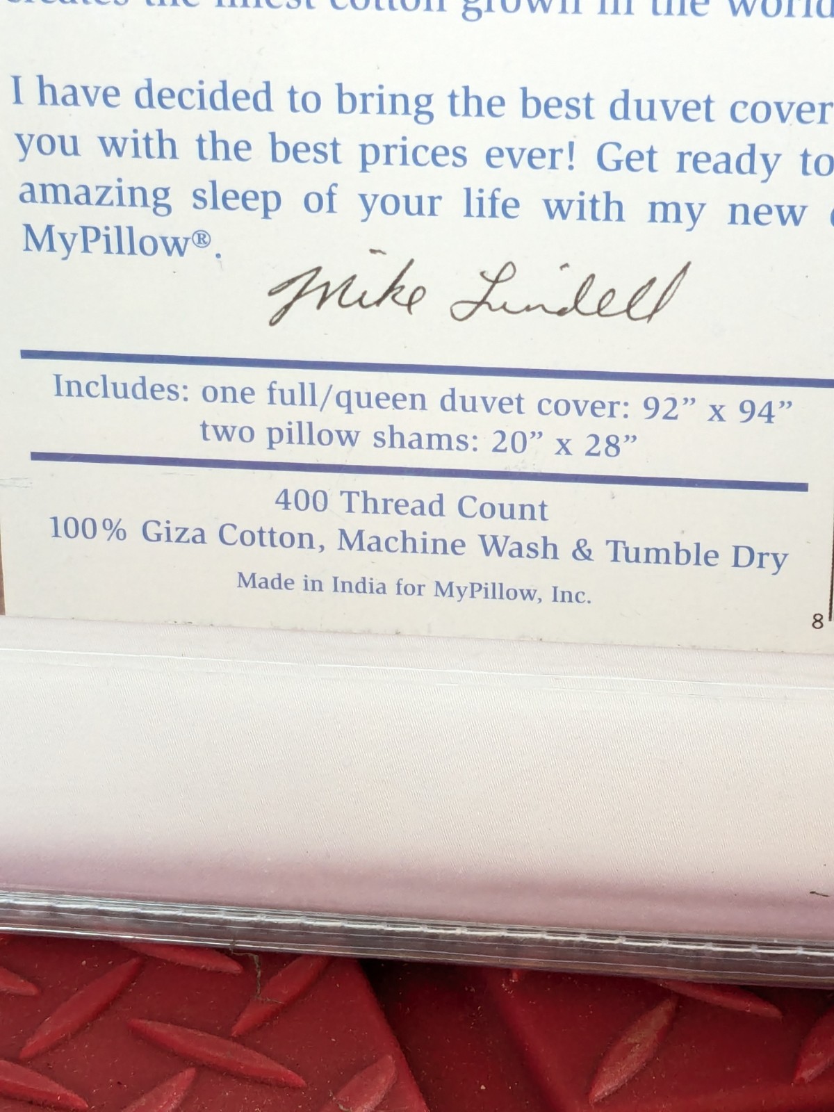 My Pillow Bedding Duvet Cover + 2 Shams Full/Queen White 100% Giza Cotton 400 TC