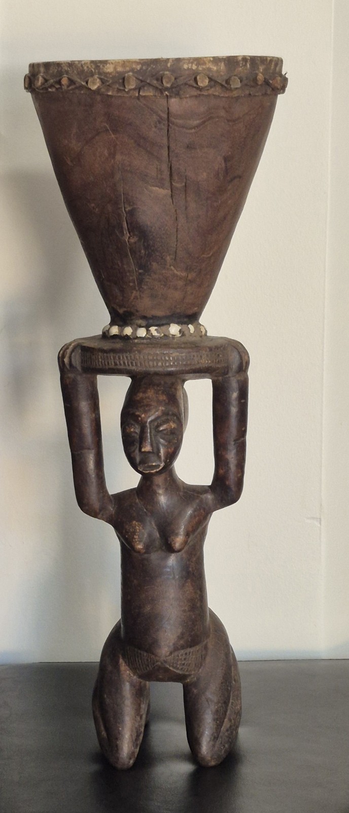 African Luba Female Wood Statue With Drum 21"H 7.5"W