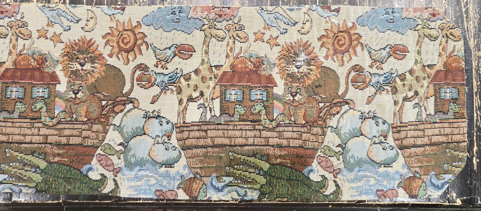 Vintage Noah's Ark Table Runner Folk Art Tapestry Country Hearts 56" x 9 3/4"