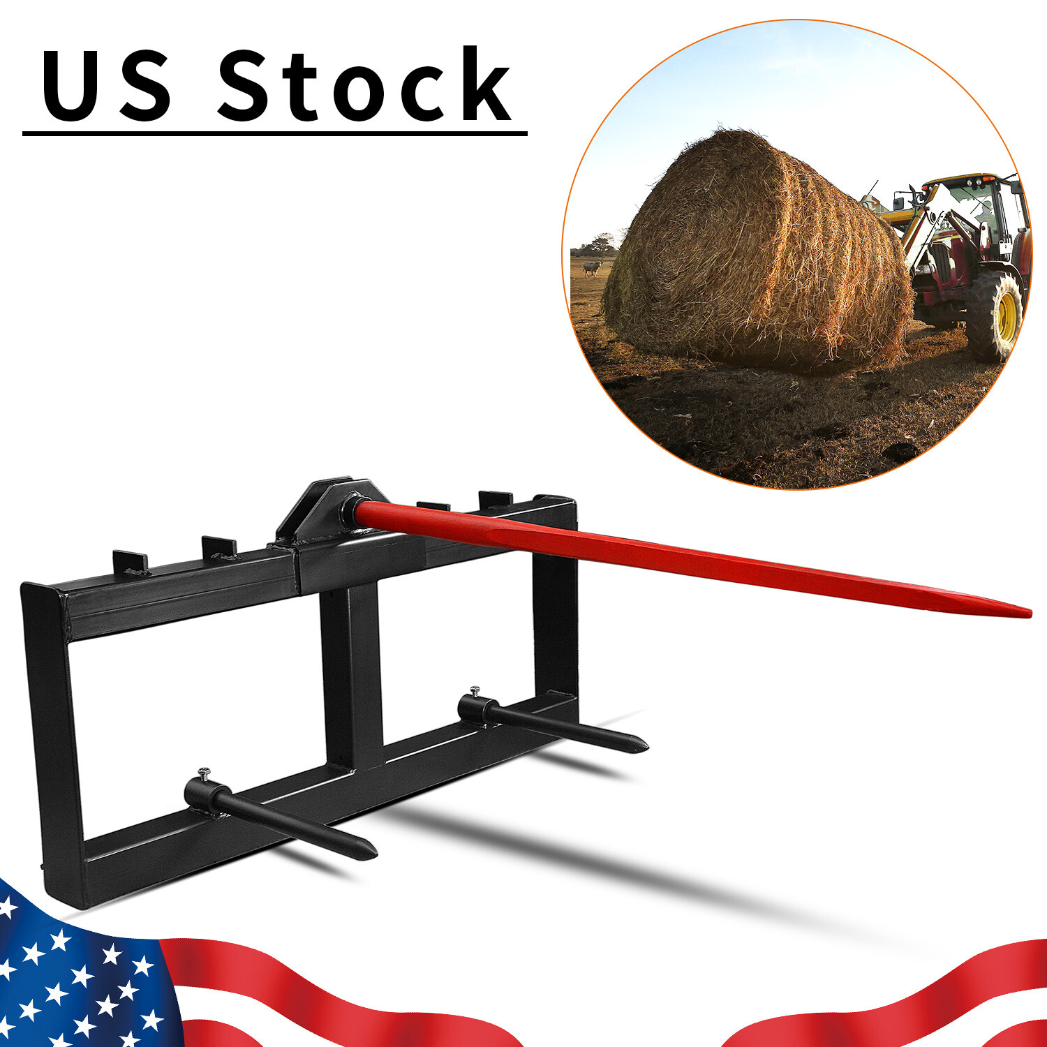 3 Point 49'' Hay Bale Spear Attach Tractor Skid Steer Loader Quick Tach 3000 LBS
