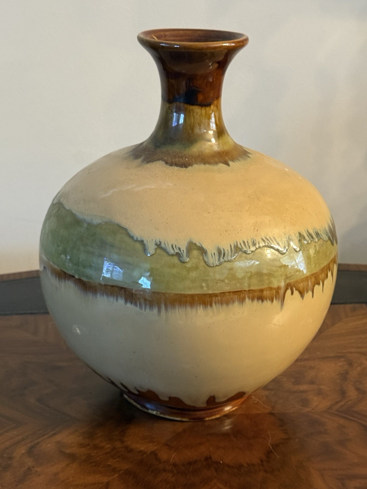 Large Handmade Pottery Glazed Earth Tone Drip Glaze Vase Table Centerpiece