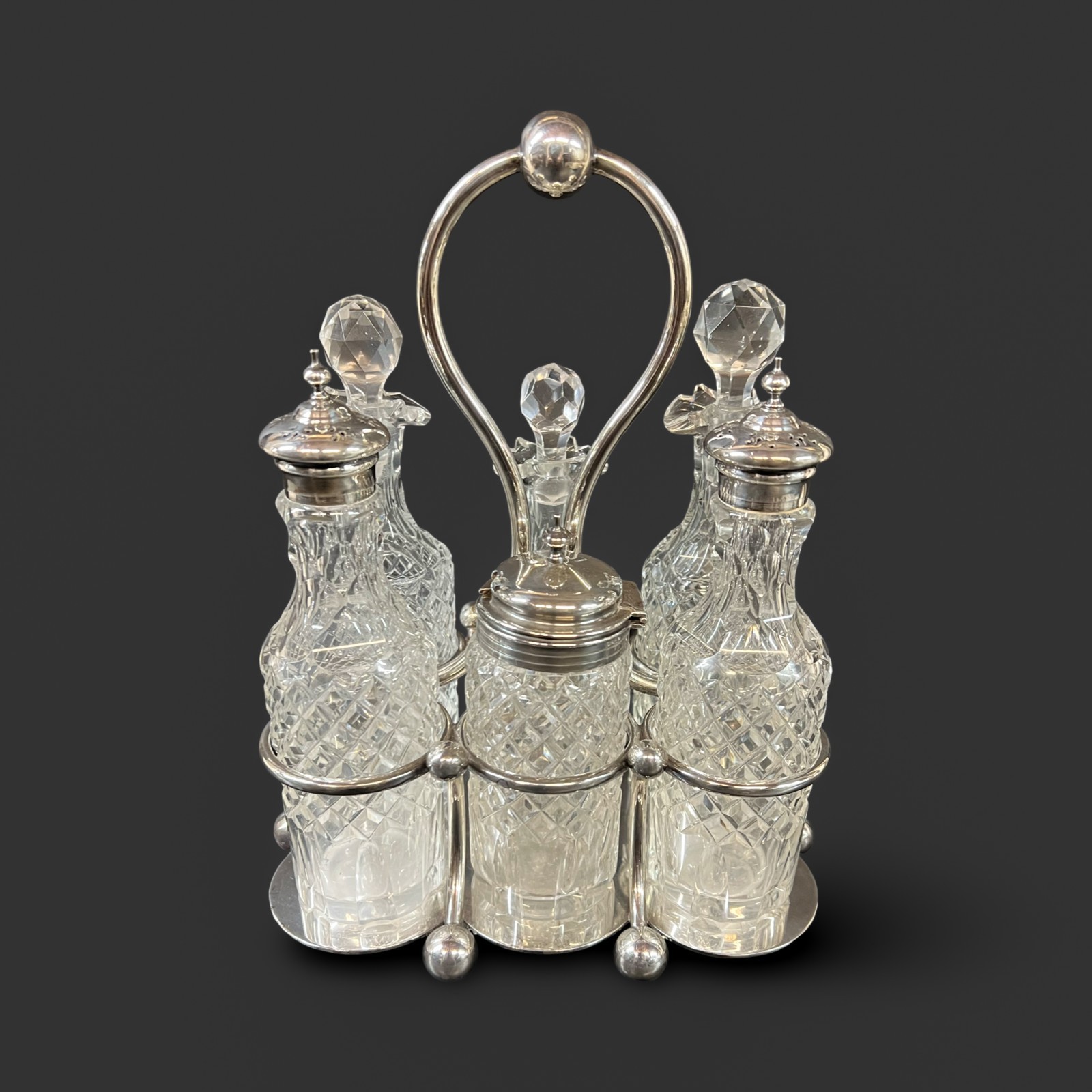 Victorian Silver Plated Martin Hall & Co Cut Glass Cruet Condiment Set c1880