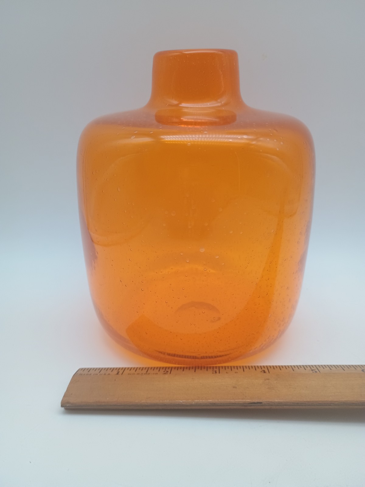 Beautiful Hand blown Art Glass Orange Tangerine Vase with Bubble's 7"H 5"W