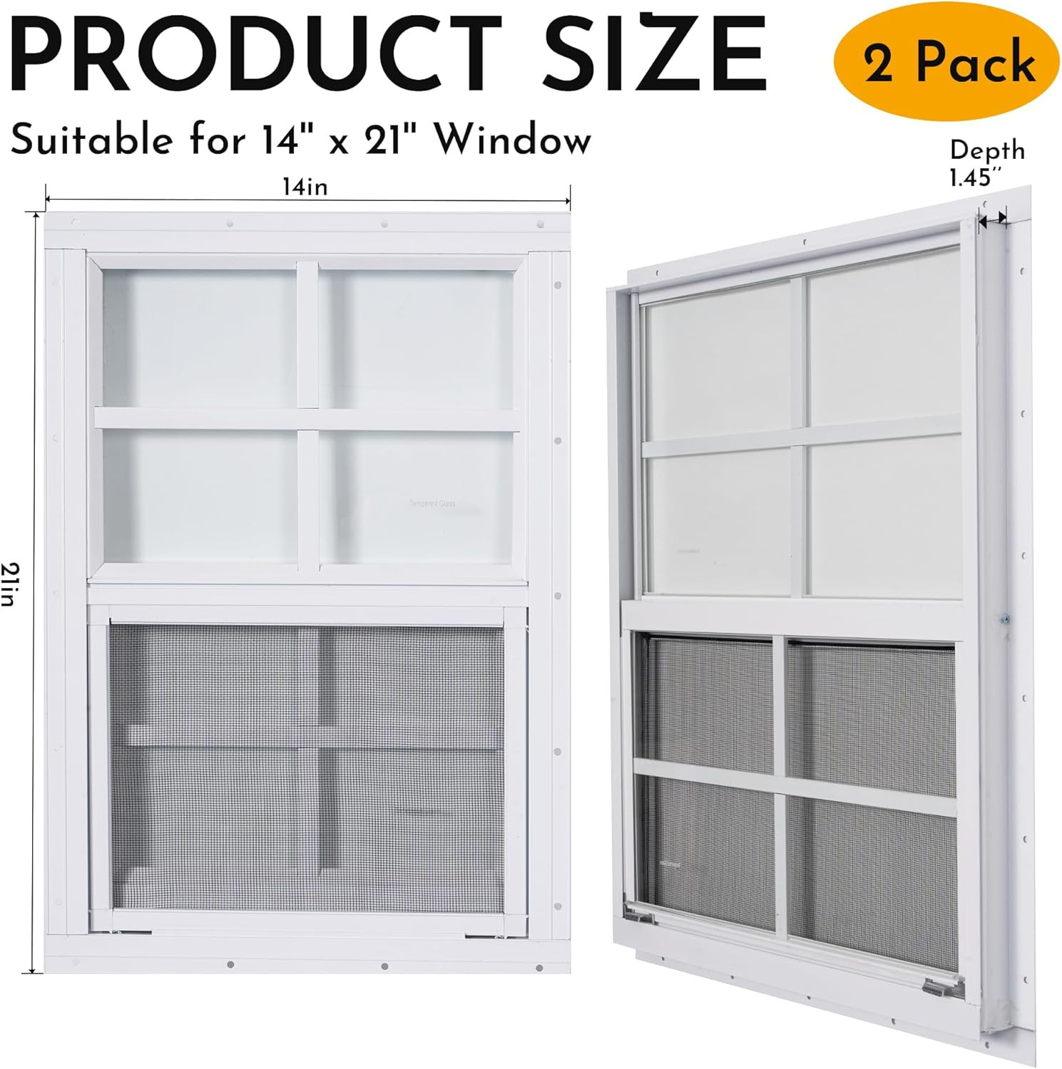 2 Pack Shed Windows, 14'' X 21'' Household Windows with Tempered Glass and Fiber
