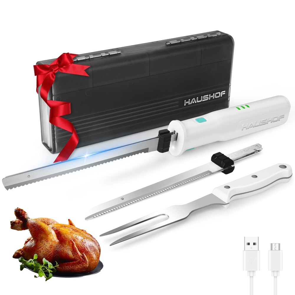 HAUSHOF 8V Cordless Electric Knife Set Meat Cutter Stainless Steel Blades w/Case