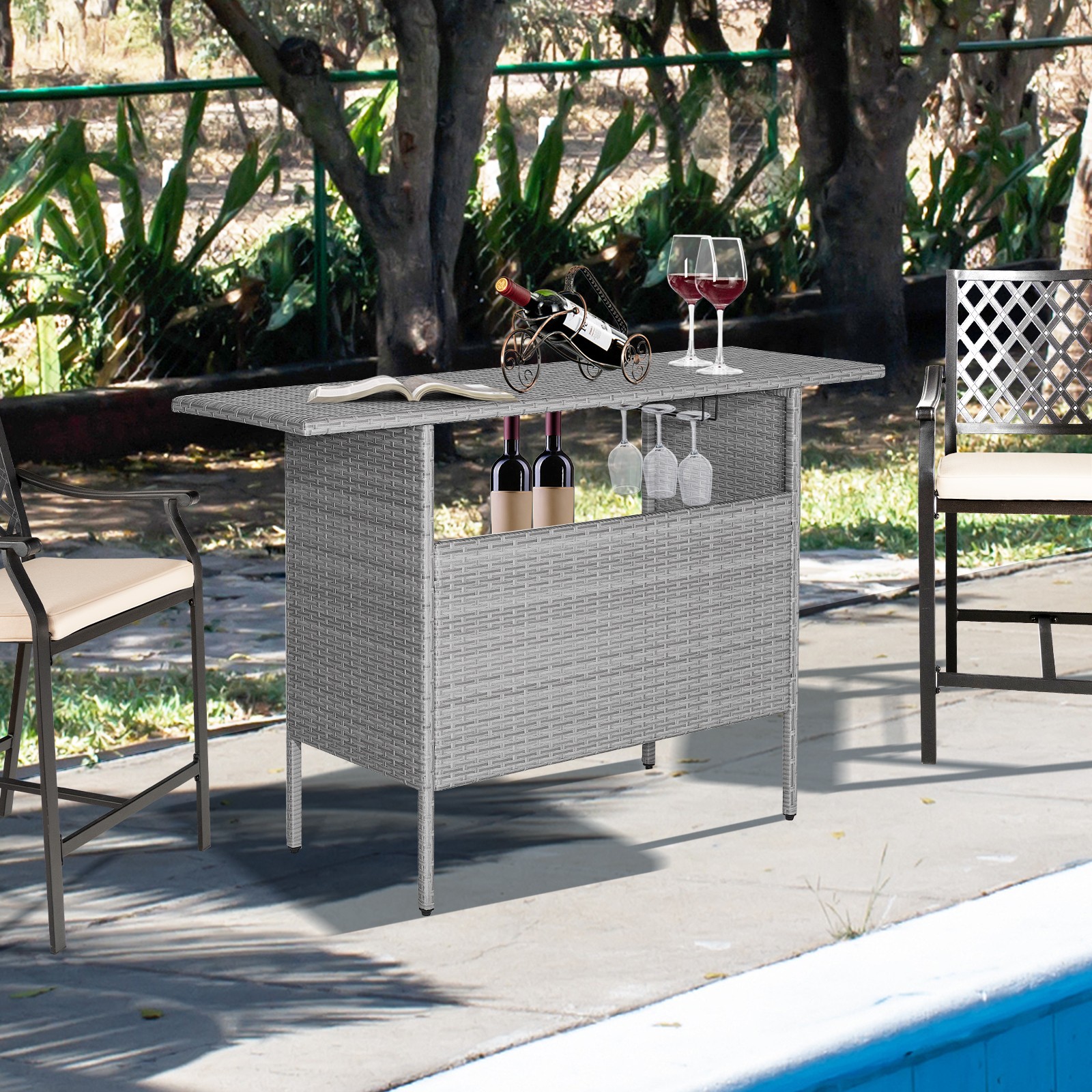 Outdoor Patio Wicker Bar Table w/ 55” Large Tabletop & 2 Metal Shelves Mix Grey