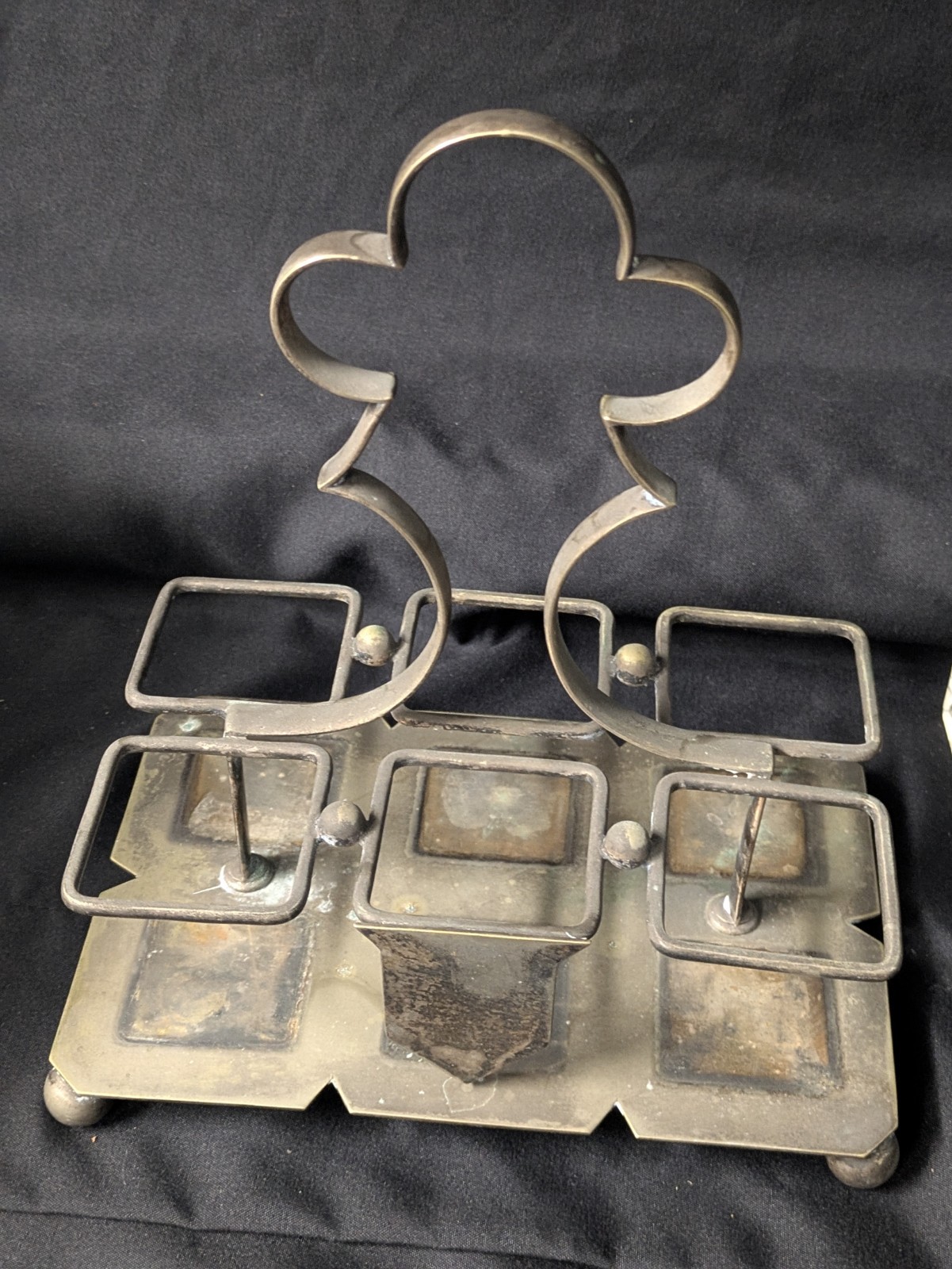 Vintage 6 Bottle Cruet Set with Handles Holder Silver plate Art Deco Condiments