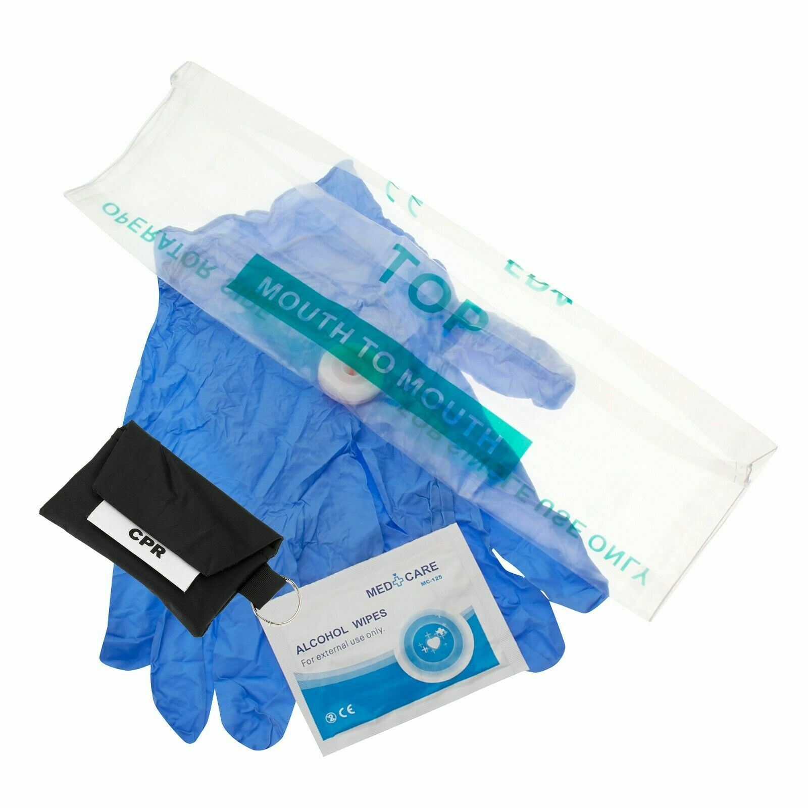 25 PACK of CPR Kits - One Way Valve Face Shield Mask + Gloves + Keychain Pouch