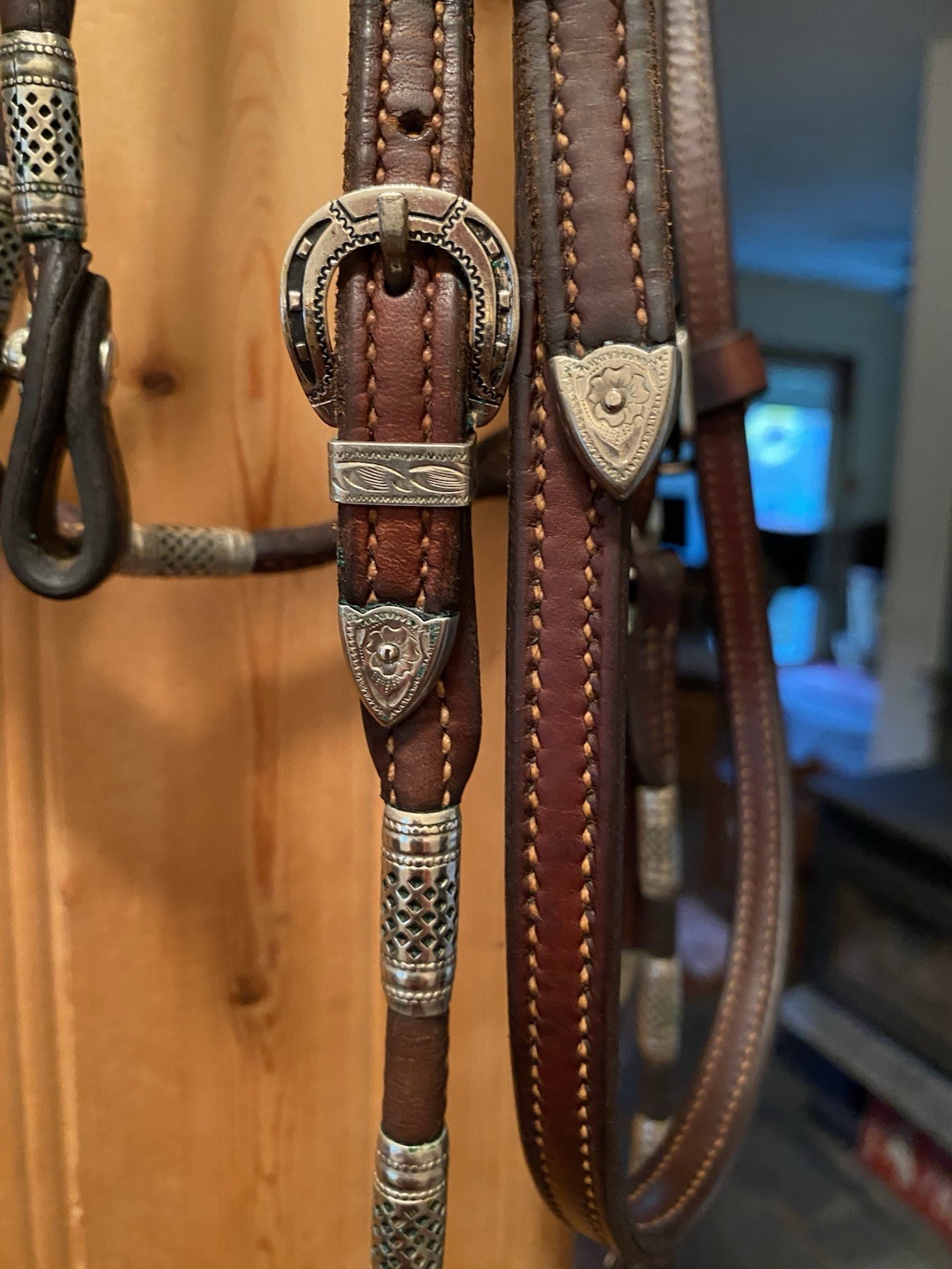 Vntg Poco Western Bridle & Romel Reins Silver Ferrule Fleming Filigree Sterling