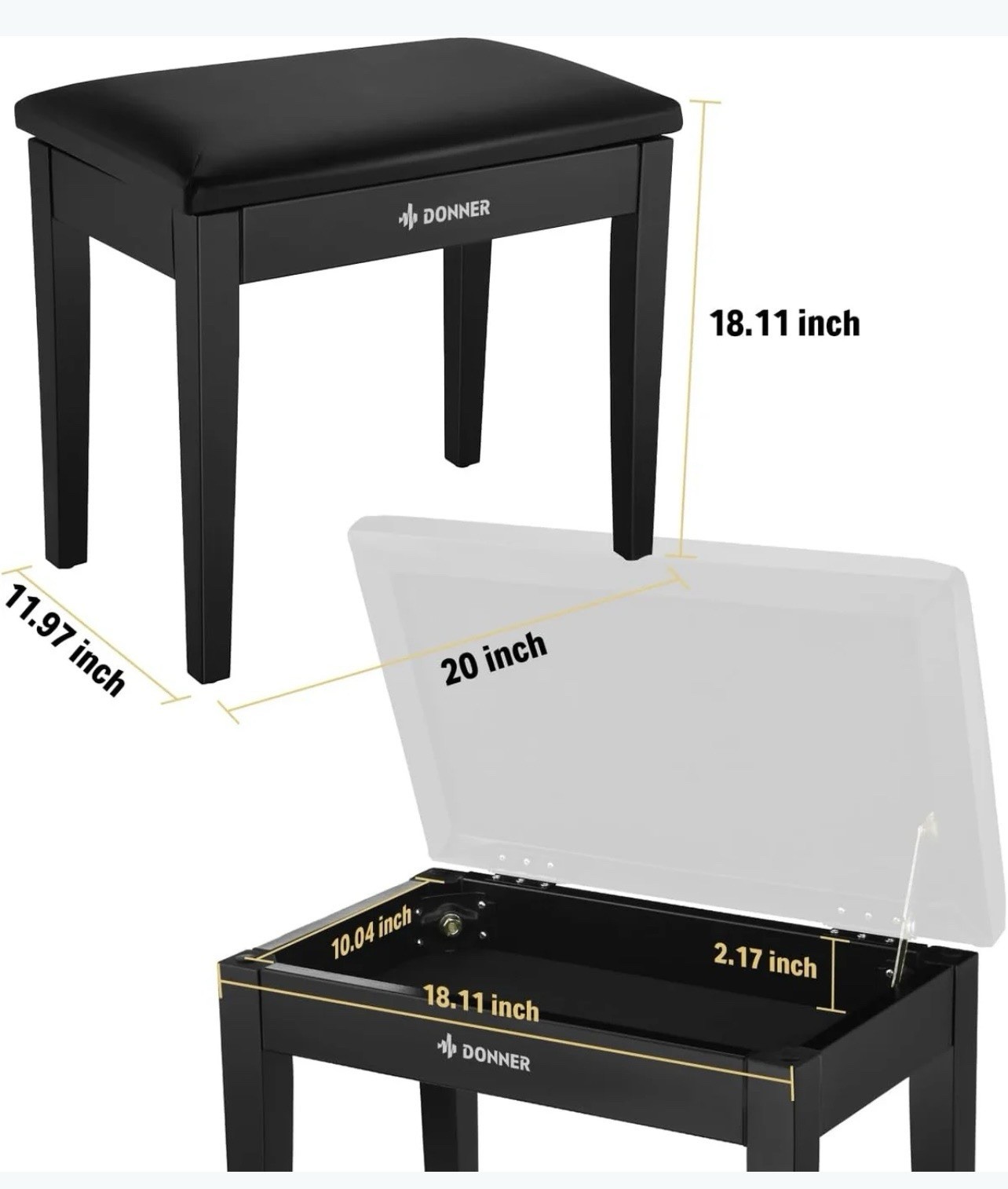 Beautiful Donner Piano Bench with Storage, Solid Wood DKB-10, Black