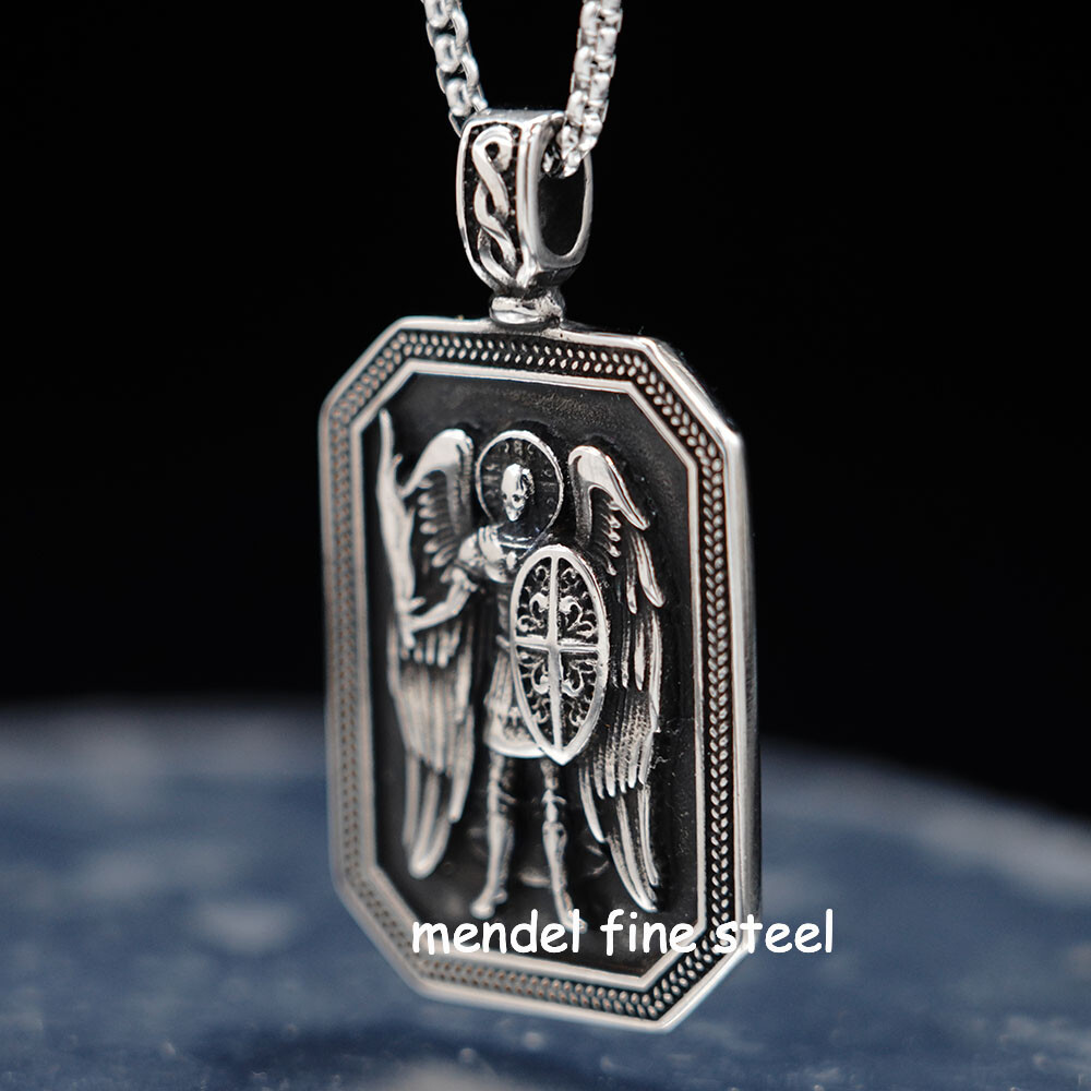 MENDEL Saint St Michael Archangel Medal Shield Pendant Necklace Stainless Steel