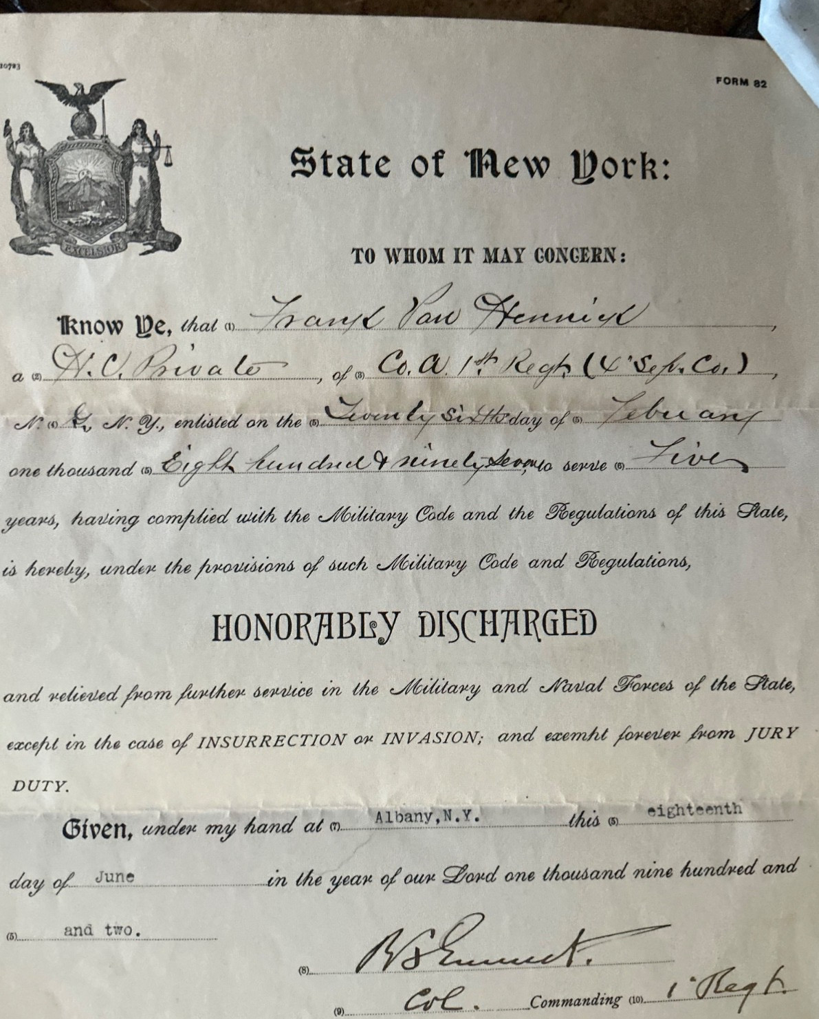 ANTIQUE …1897 NYS US Naval FORCES Discharge paper EXCELLENT condition