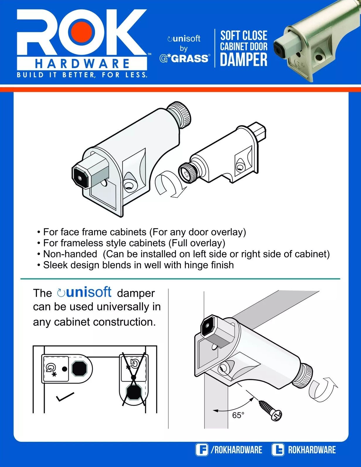 50-PACK ROK HARWARE SCD103 SOFT CLOSE DAMPER W/SCREWS FOR CABINET DOORS NICKEL