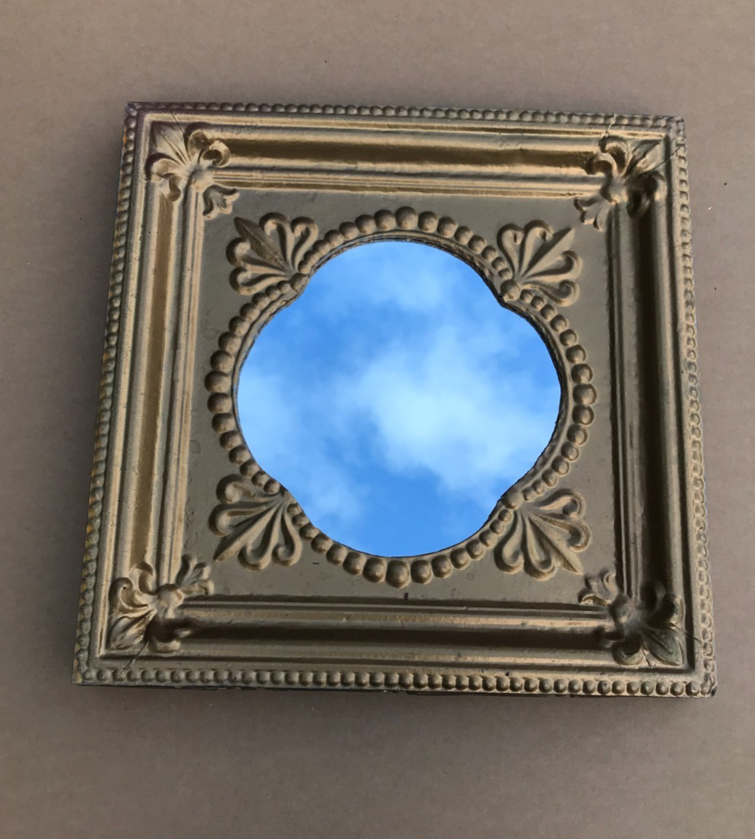 VTG Decorative Salvaged Tin Ceiling Gold 23" SQ. Thick Metal Mirror Old 1614-25B