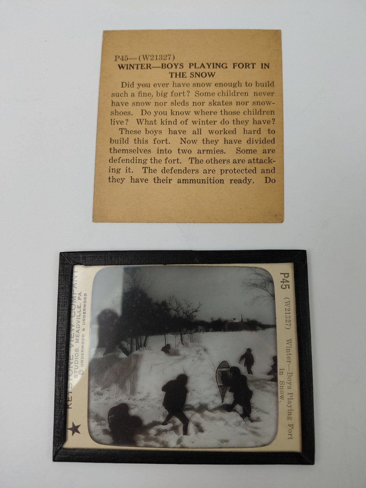Magic Lantern Glass Slide Photo Keystone P45 Winter Boys Playing Fort In Snow