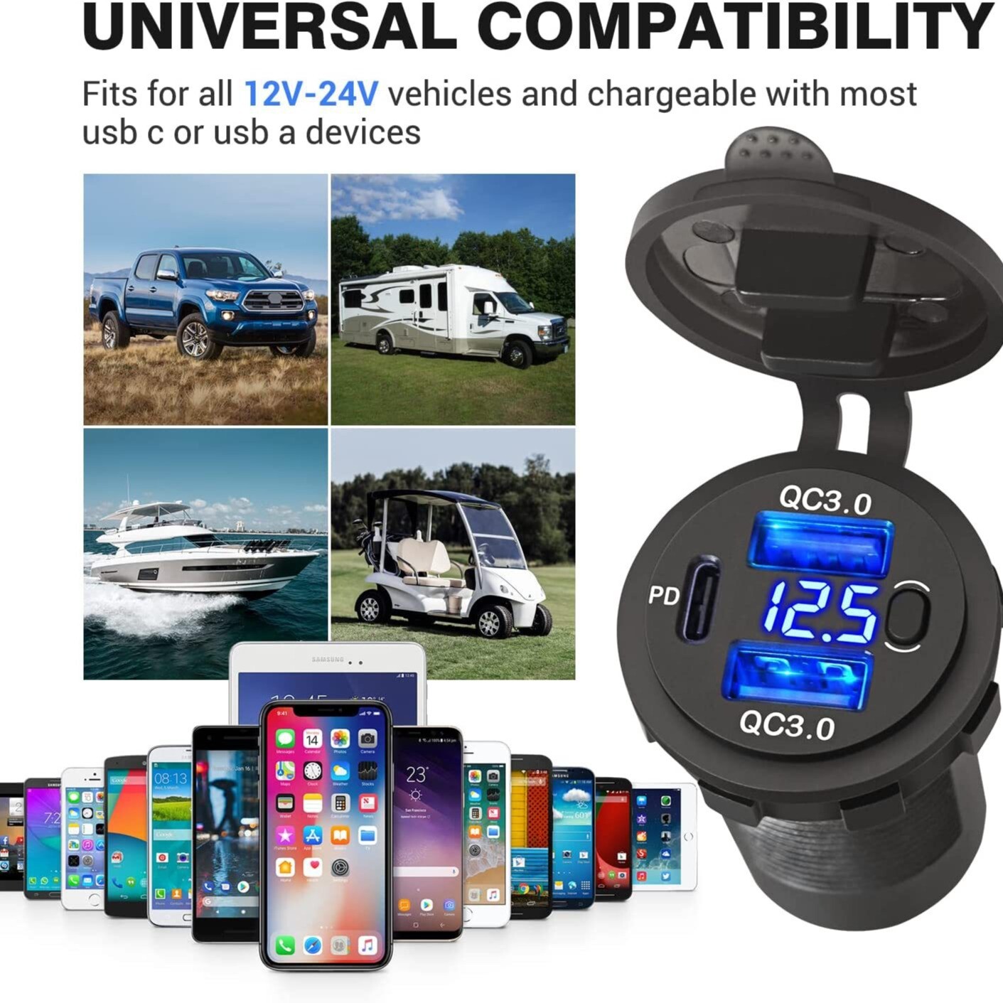 12V-24V PD+QC3.0 Dual USB Car Fast Charger Power Socket Outlet LED Voltmeter Lot