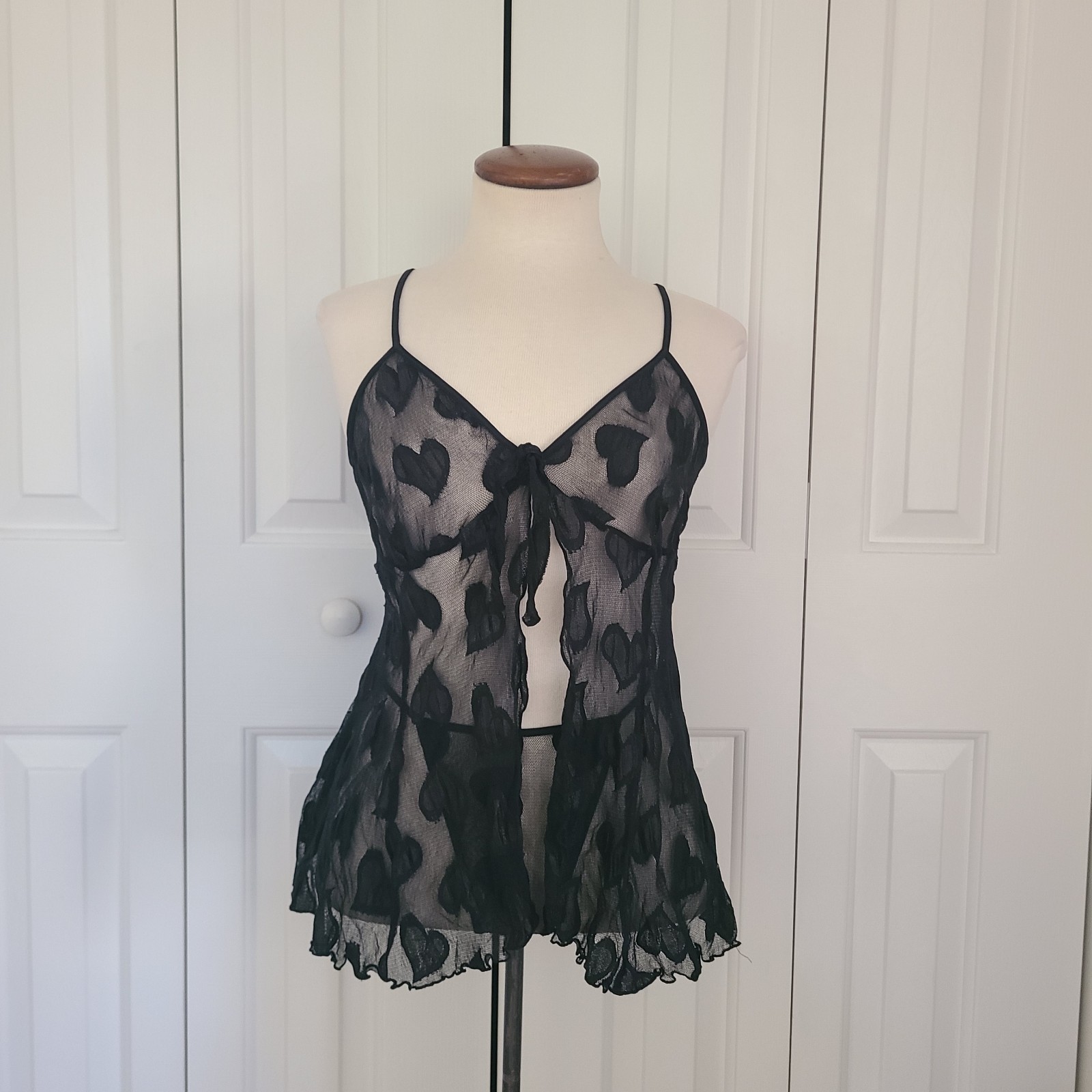 Y2K Victoria's Secret Sheer Mesh Babydoll Top Set S Hearts Flyaway Split Front