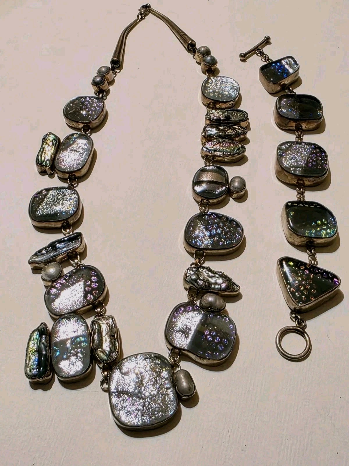 Signed Sterling Silver Dichroic Art Glass Necklace Bracelet Set Large Statement