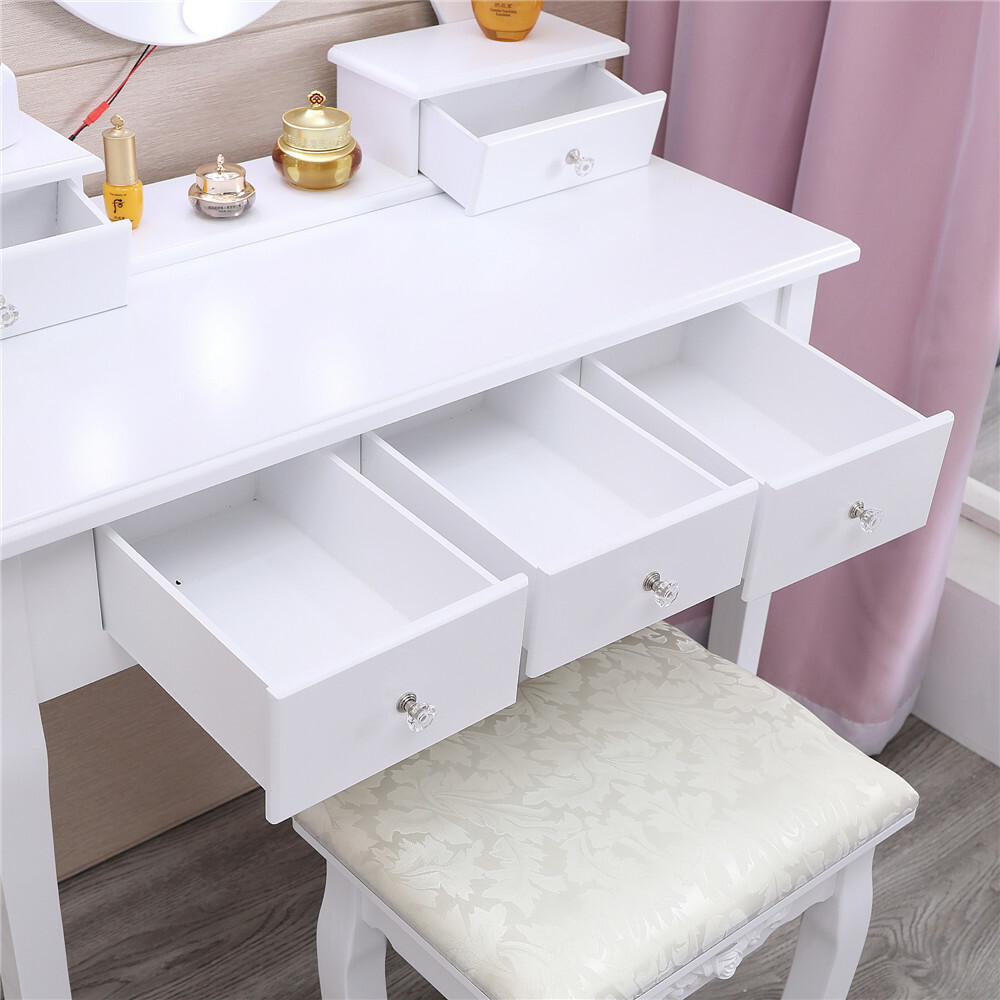 LED Makeup Vanity Table Set with 10 Lights Mirror and 5 Drawers Dressing Desk