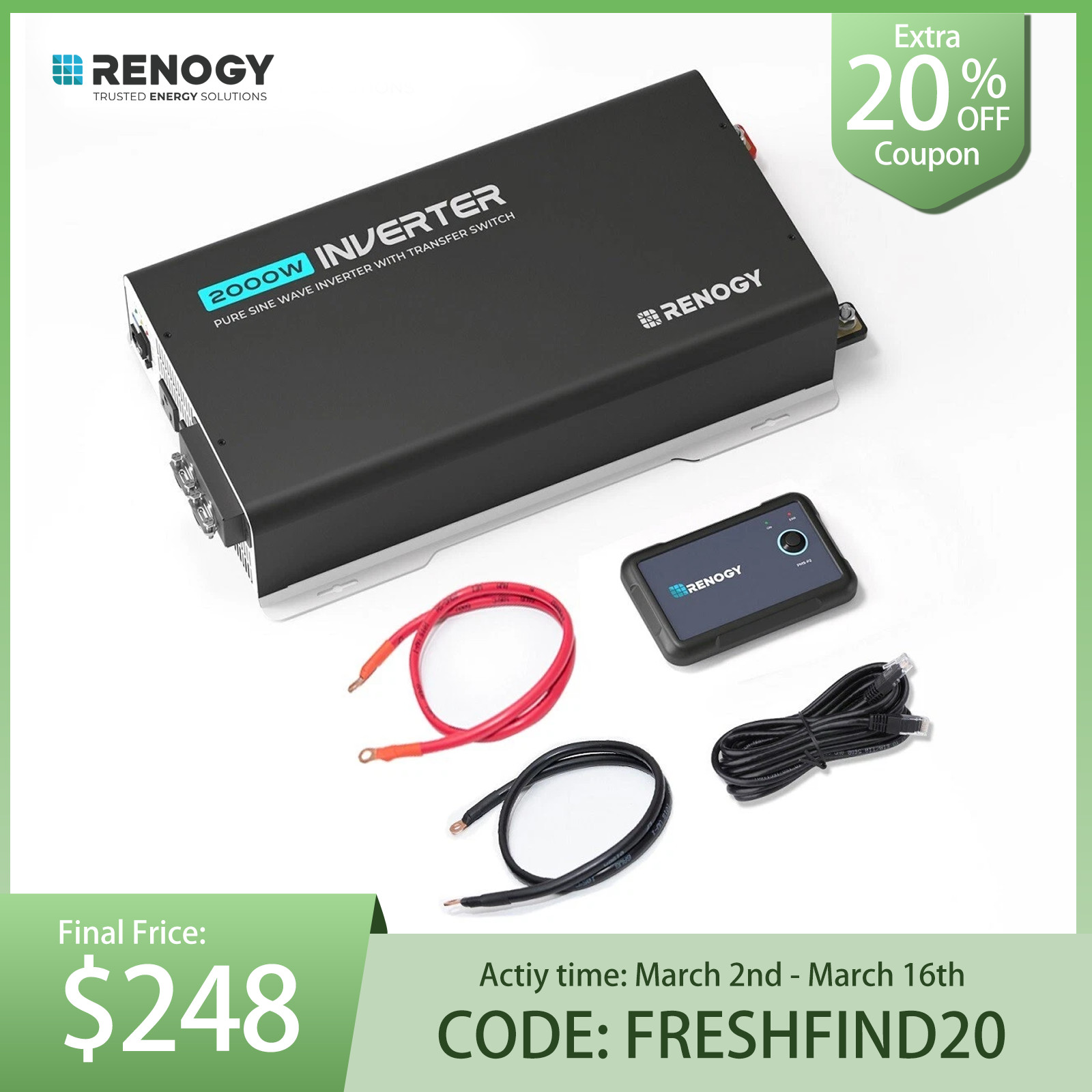 Renogy 2000W 12V Pure Sine Wave Inverter W/ UPS Transfer Switch and Built-in BT