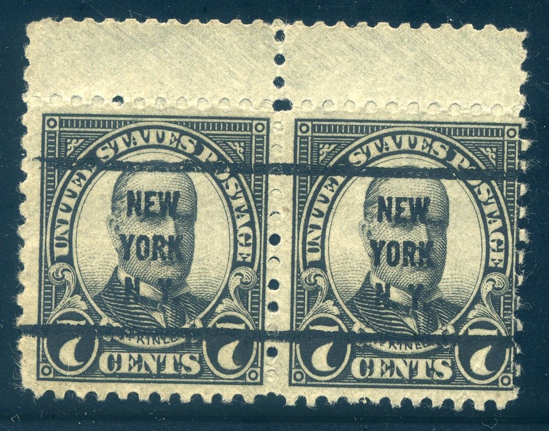 639, 7¢ Rotary Pair with Gutter Snipe, New York Precxl, short perf LL & creases