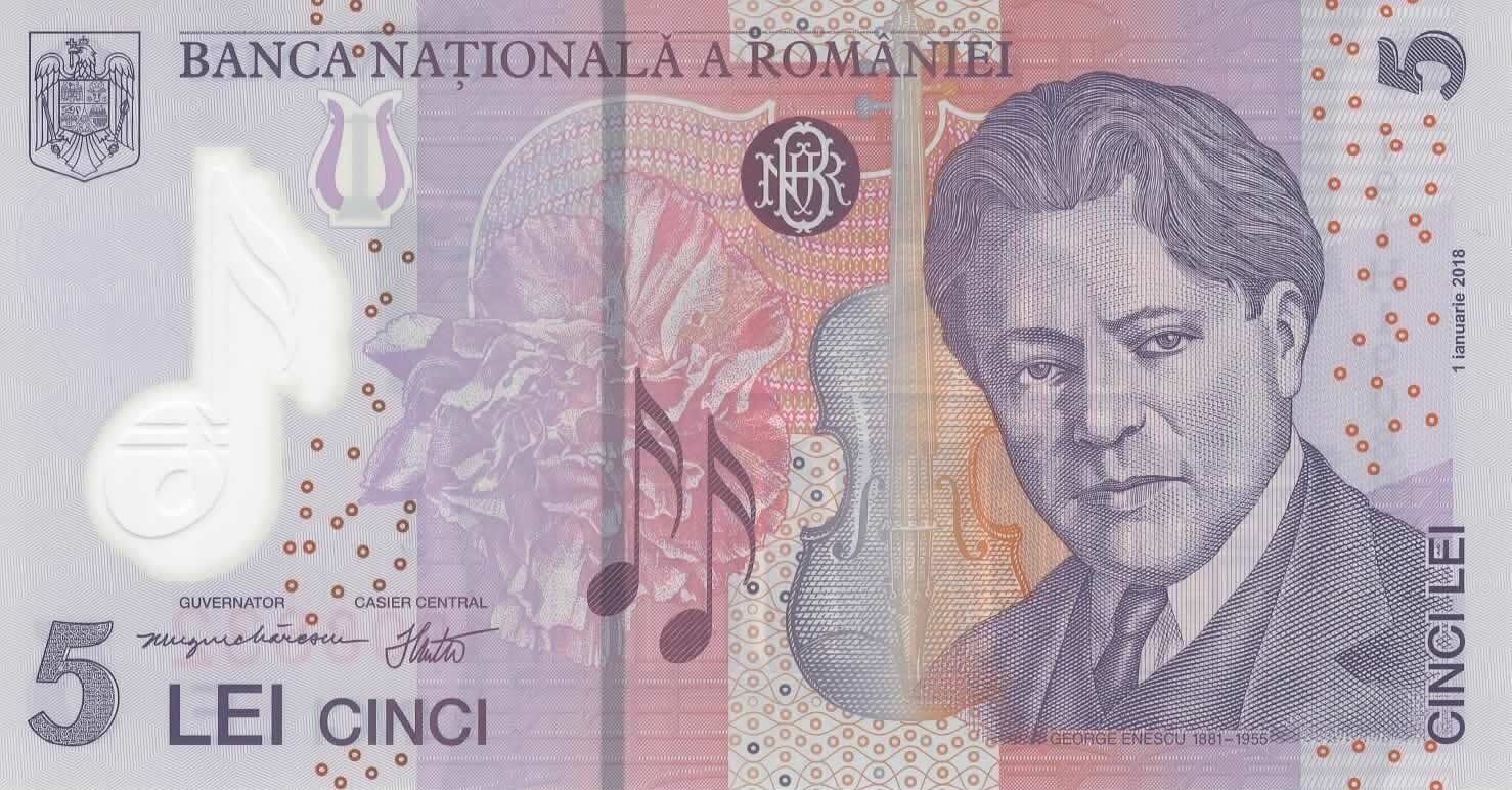 Romania 5 Leu Banknote, 2019, P-118j, UNC, Polymer Currency
