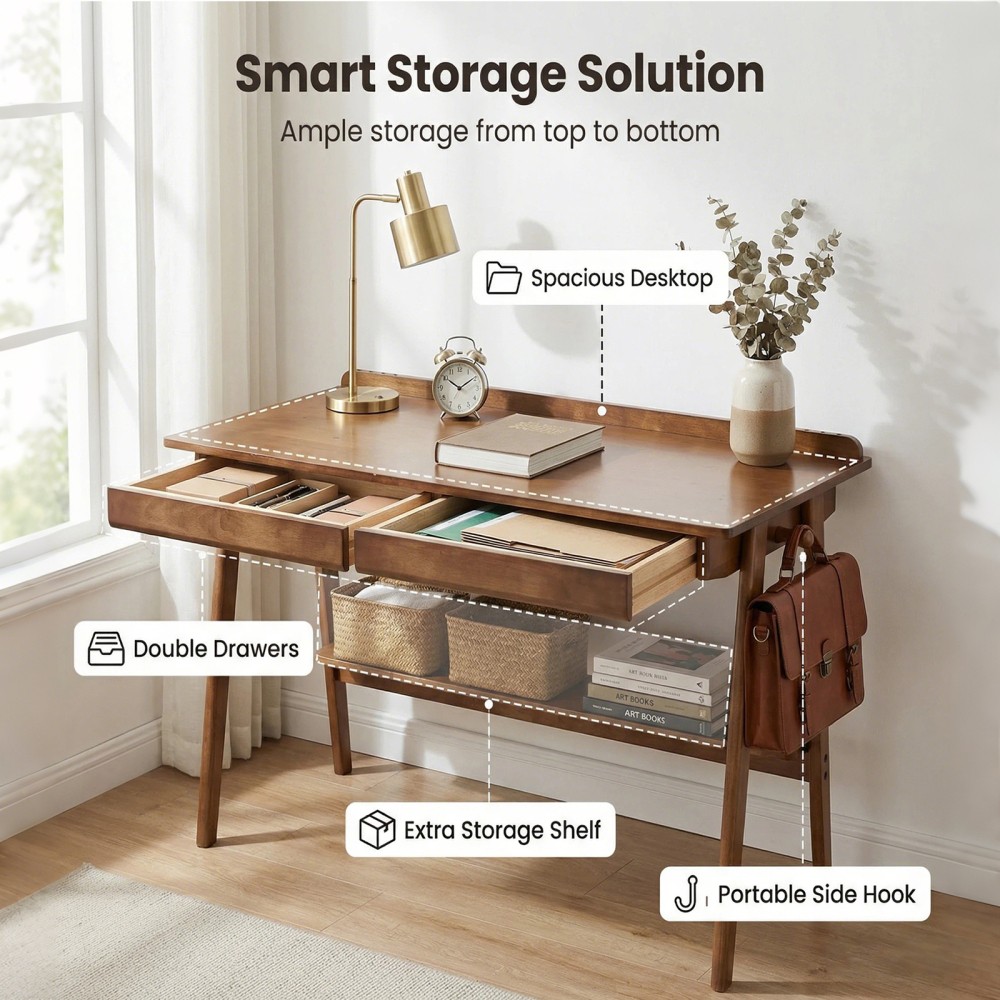 Solid Wood Writing Desk, Mid-Century Modern with 2 Drawers & Shelf