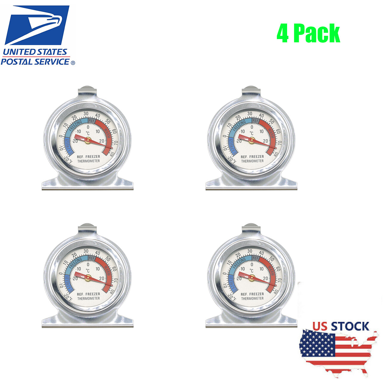 4*Refrigerator Freezer Thermometer Fridge DIAL Type Stainless Steel Hang Stand