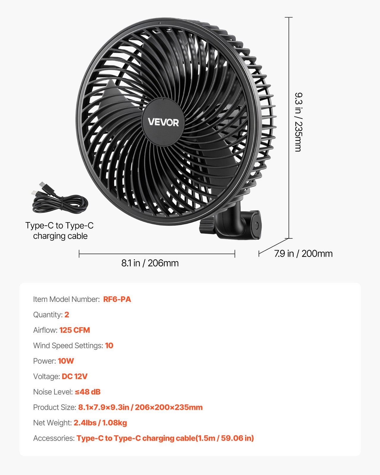 VEVOR Grow Tent Clip-On Plant Fan, Rechargeable USB, 2-Pack